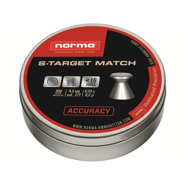 Norma S-Target Match Air Gun Pellets 177 Caliber 8.2 Grain Flat Nose Tin of 300