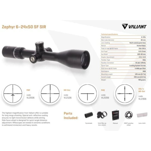 Valiant Zephyr VL2003 5-20X50 SF SIR FBR Scope